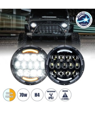 GloboStar® 85415 Σετ 2 x Φανάρια JEEP WRANGLER 6.9' Ιντσών Βασικού Φωτισμού H-L με DRL & Φλας LED CREE CXB COB 70W 7000lm DC 9-60V Αδιάβροχα IP67 Πορτοκαλί & Ψυχρό Λευκό 6000K